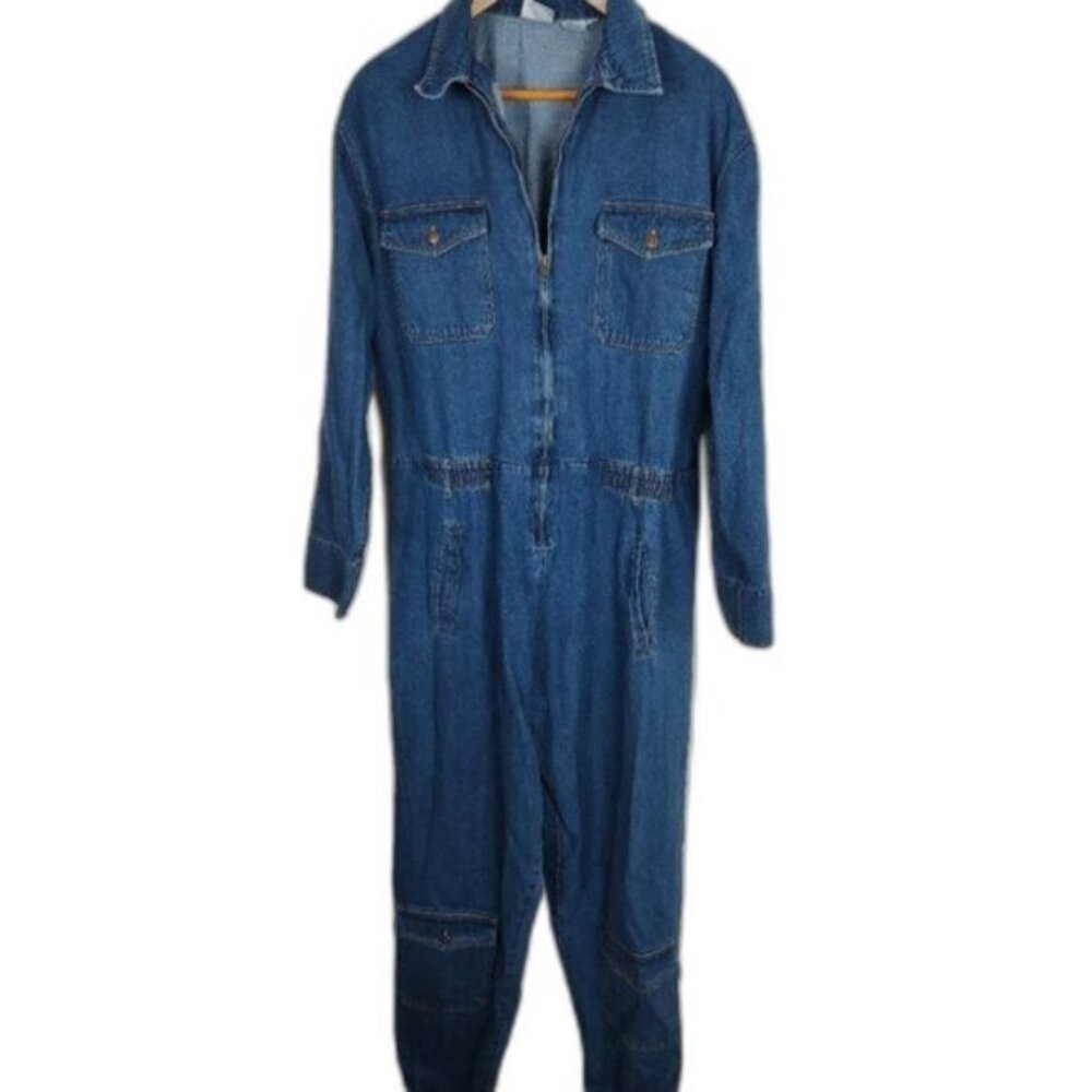 EUC Spiegel Retro 90s Denim Jumpsuit NWOT Zipper Pocket Cinch Accents Size 10